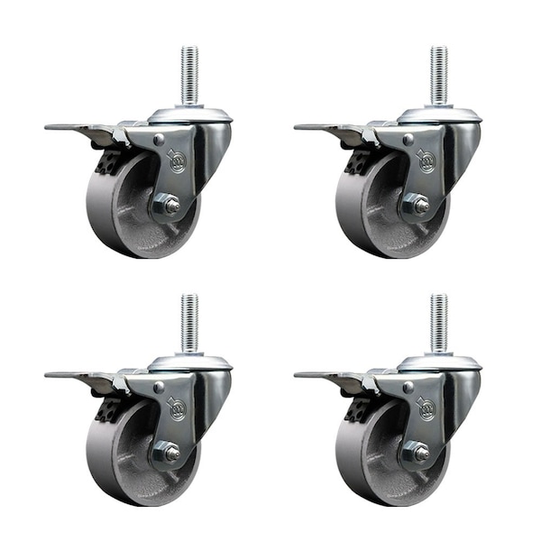 4 Inch Semi Steel Swivel 58 Inch Threaded Stem Caster Set with Total Lock Brake